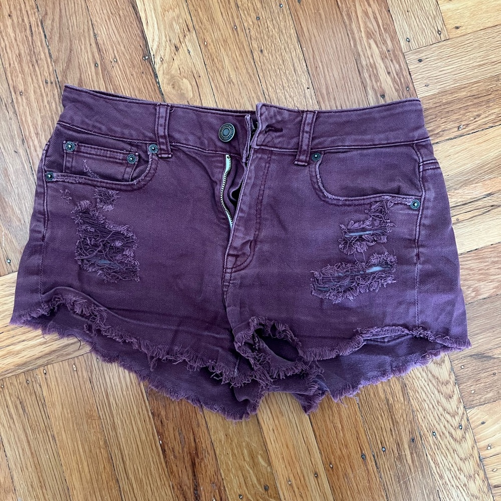 American Eagle Outfitters Women's Ripped Maroon Jean Shorts